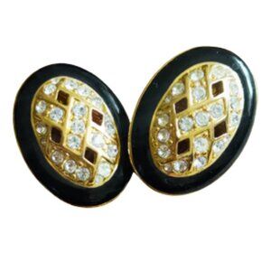 Vintage Trifari Black & Gold Enamel Earrings | Classic 1960s Mid-Century